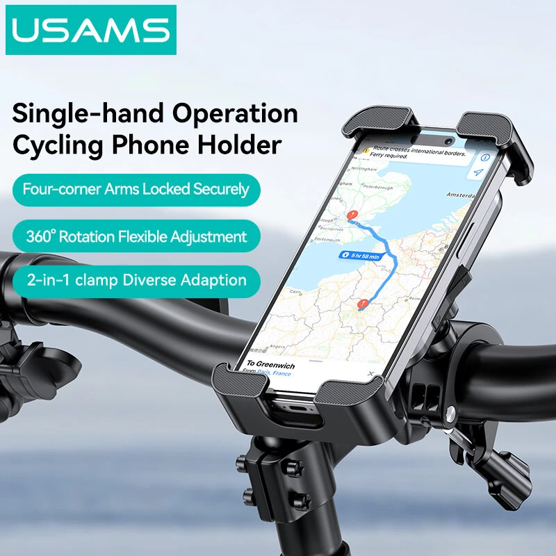 USAMS ZJ082 2-in-1 Full Coverage Cycling Phone Holder Shockproof Reinforced Clamp Stand 360° Rotation Single Hand Operation Fits for 4.7-7.2 Inch Phones Universal Bike Motorcycle Mount — view 4