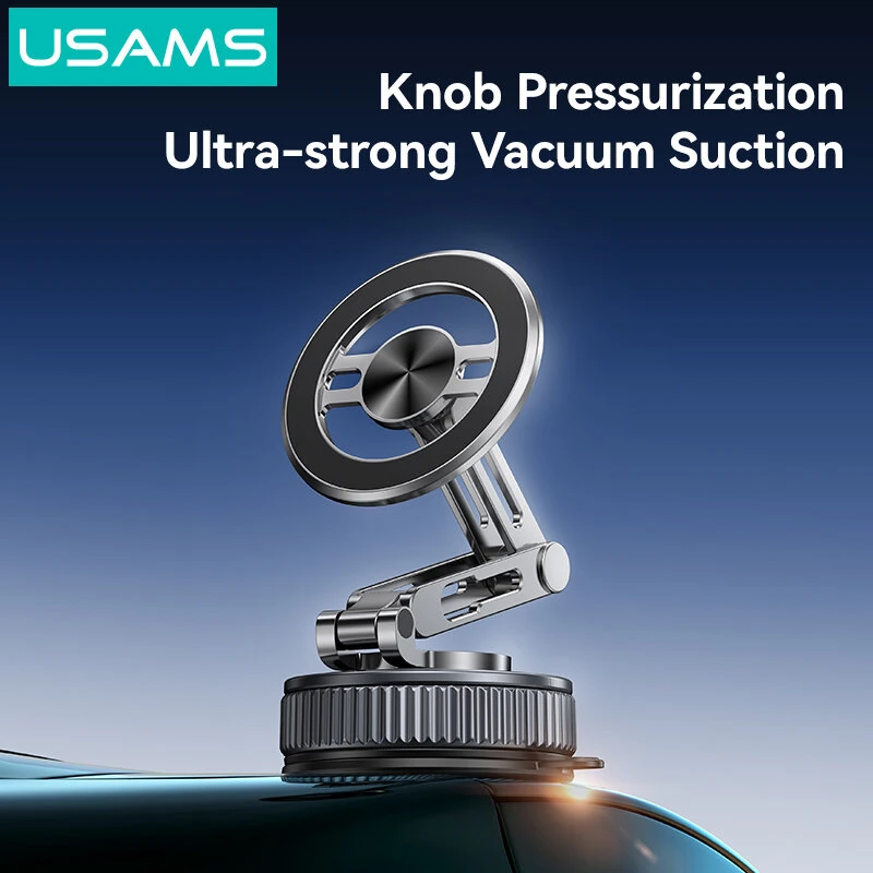 USAMS ZJ087 Vacuum Suction Magnetic Phone Holder N52 Strong Magnet Car Mount 1080° Rotation Foldable Zinc Alloy Dashboard Cell Phone Holder — view 2