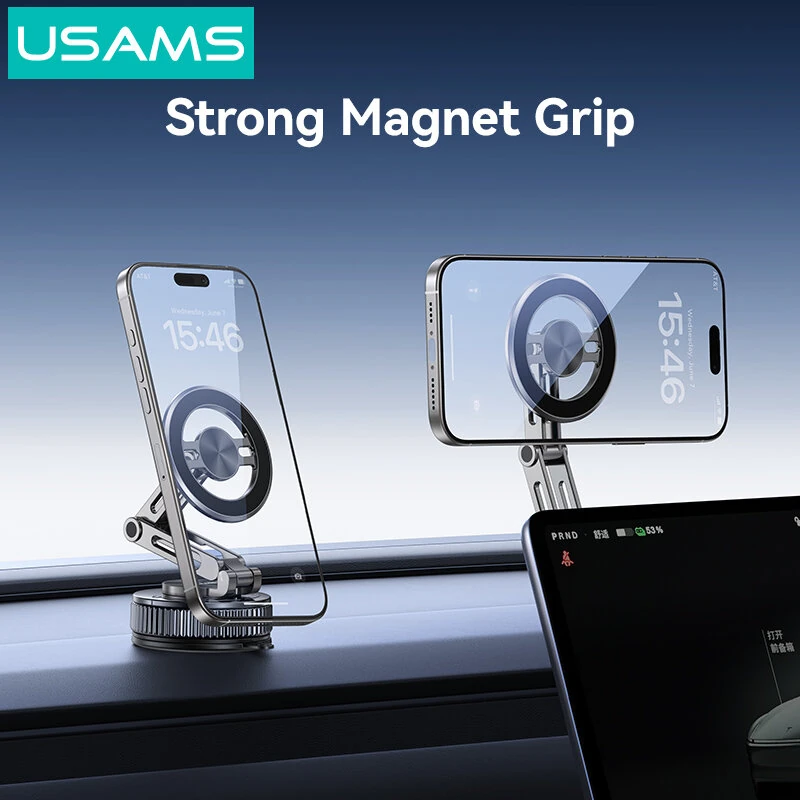 USAMS ZJ087 Vacuum Suction Magnetic Phone Holder N52 Strong Magnet Car Mount 1080° Rotation Foldable Zinc Alloy Dashboard Cell Phone Holder — view 3