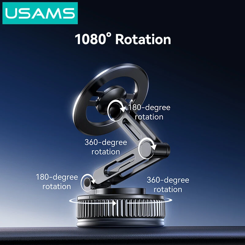 USAMS ZJ087 Vacuum Suction Magnetic Phone Holder N52 Strong Magnet Car Mount 1080° Rotation Foldable Zinc Alloy Dashboard Cell Phone Holder — view 4