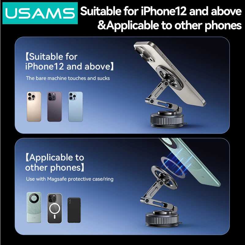 USAMS ZJ087 Vacuum Suction Magnetic Phone Holder N52 Strong Magnet Car Mount 1080° Rotation Foldable Zinc Alloy Dashboard Cell Phone Holder — view 5