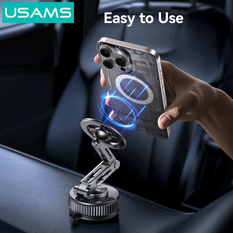USAMS ZJ087 Vacuum Suction Magnetic Phone Holder N52 Strong Magnet Car Mount 1080° Rotation Foldable Zinc Alloy Dashboard Cell Phone Holder — view 6