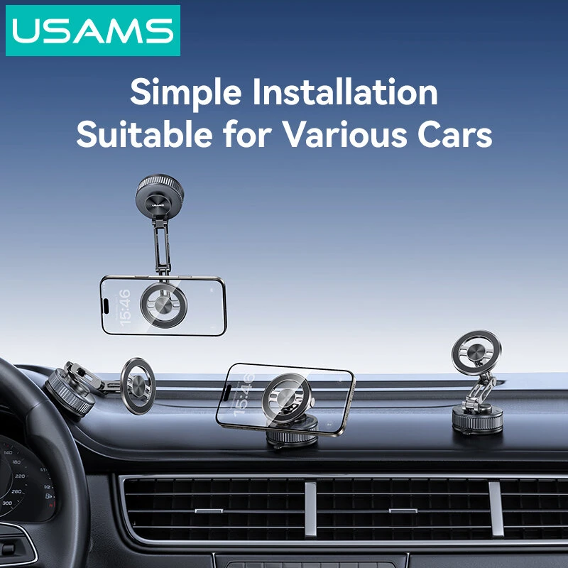 USAMS ZJ087 Vacuum Suction Magnetic Phone Holder N52 Strong Magnet Car Mount 1080° Rotation Foldable Zinc Alloy Dashboard Cell Phone Holder — view 7