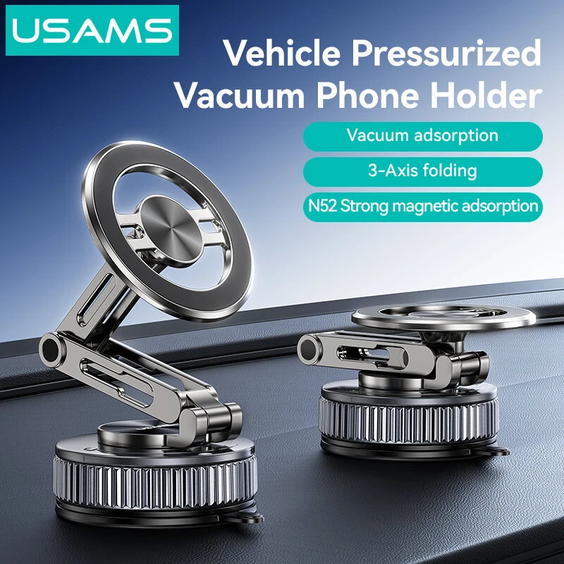 USAMS ZJ087 Vacuum Suction Magnetic Phone Holder N52 Strong Magnet Car Mount 1080° Rotation Foldable Zinc Alloy Dashboard Cell Phone Holder — view 8