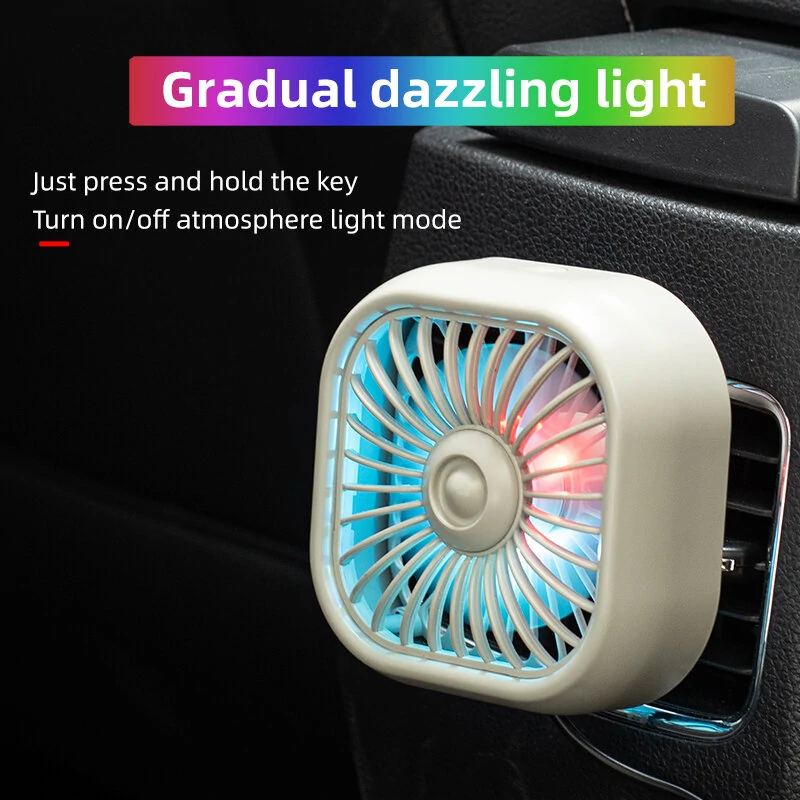 USB Car Vent Mini Fan Portable  Air Conditioning Outlet Car Fan Gradient Colorful Atmosphere Light Small Fan Row Exhaust Fan — view 2