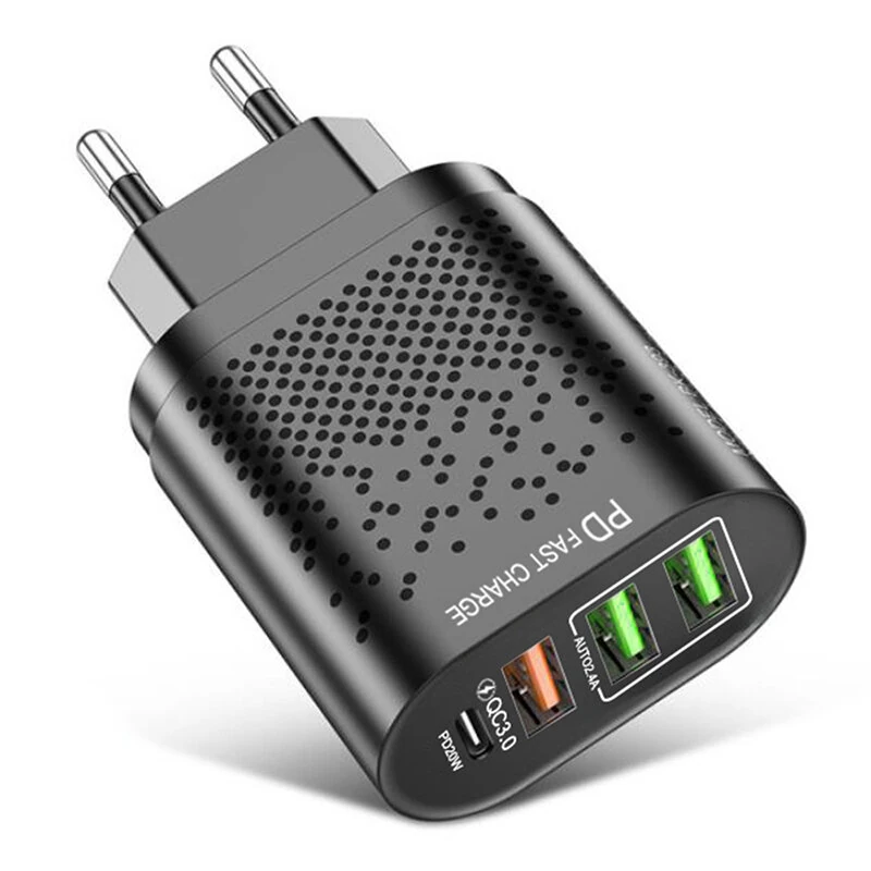 USLION 375-PD PD20W 4-Port USB PD Charger 3USB-A+USB-C PD QC3.0 Support AFC FCP Fast Charging Wall Charger Adapter EU Plug for iPhone 15 14 13 Pro for Samsung Galaxy Z Flip 6 for Honor Magic V3 for Huawei Nova Flip