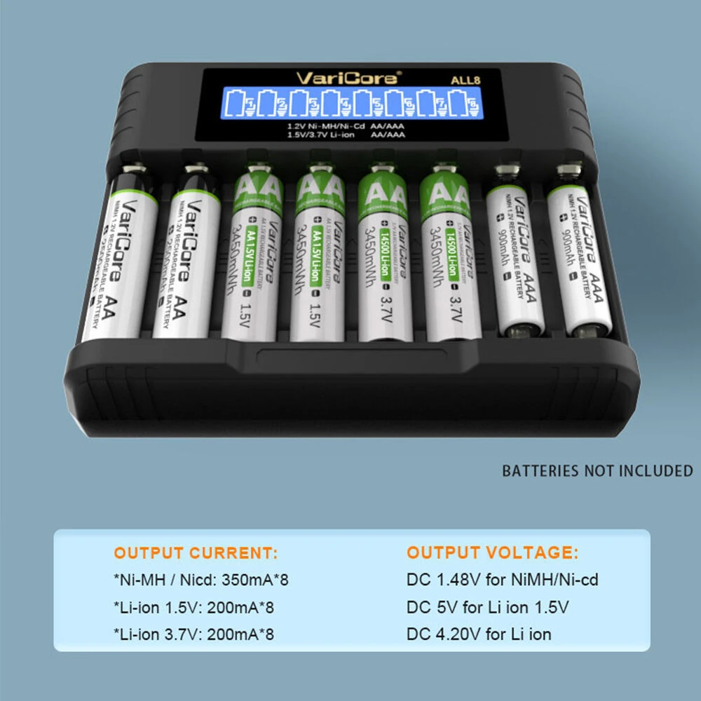 VariCore ALL8 Intelligent Rechargeable Battery Charger for Ni-MH Ni-Cd AA AAA 1.2V 1.5V 3.7V Li-Ion 14500/10440 Battery — view 3