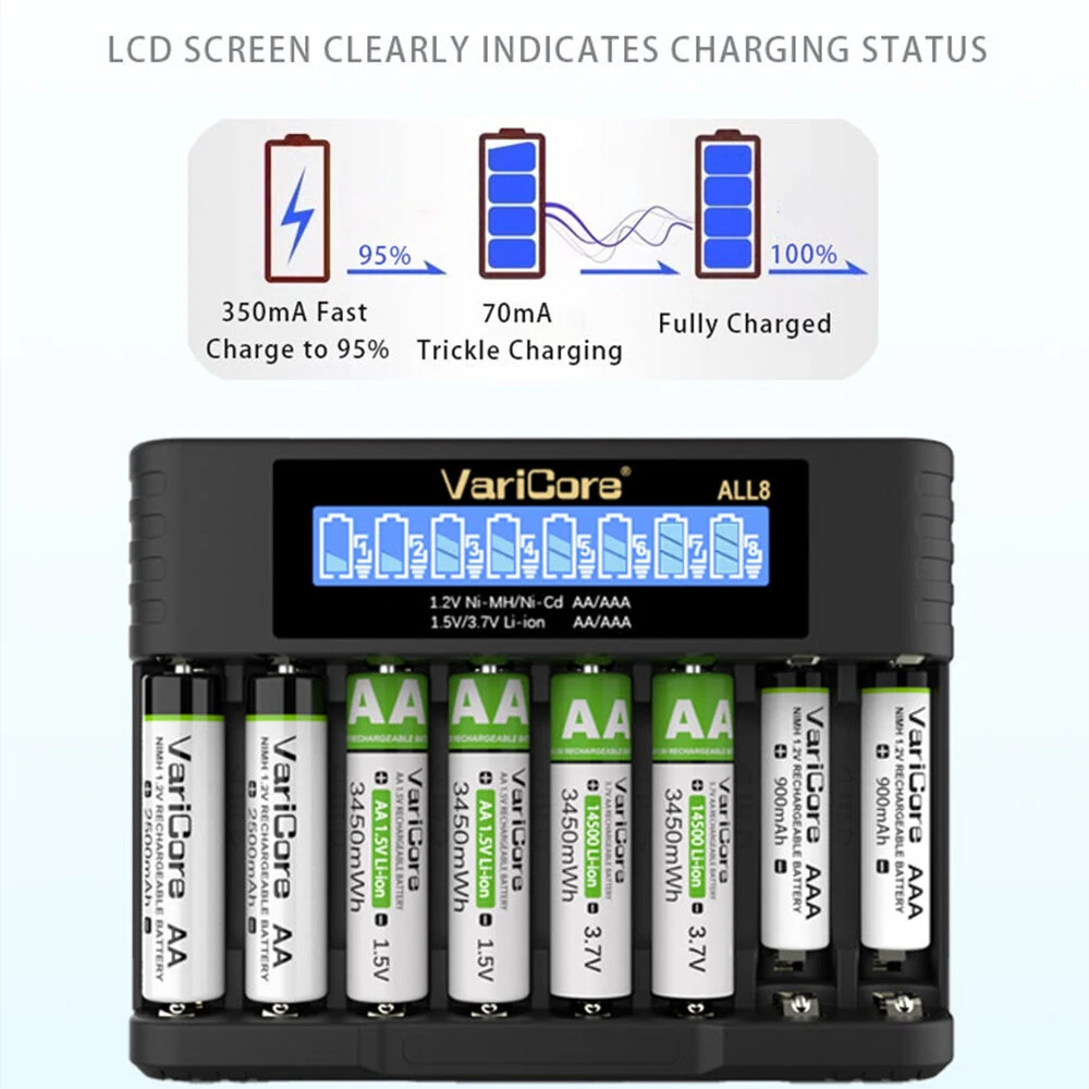 VariCore ALL8 Intelligent Rechargeable Battery Charger for Ni-MH Ni-Cd AA AAA 1.2V 1.5V 3.7V Li-Ion 14500/10440 Battery — view 4