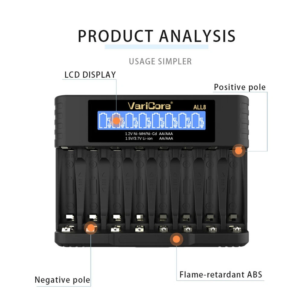 VariCore ALL8 Intelligent Rechargeable Battery Charger for Ni-MH Ni-Cd AA AAA 1.2V 1.5V 3.7V Li-Ion 14500/10440 Battery — view 6