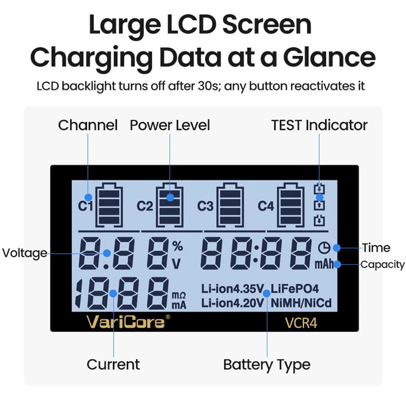 VariCore VCR4 4-Slot Smart Battery Charger for 18650 21700 AA AAA Ni-MH Li-ion LCD Display Capacity Test Adjustable Current — view 2