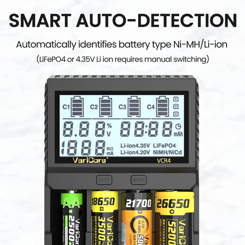 VariCore VCR4 4-Slot Smart Battery Charger for 18650 21700 AA AAA Ni-MH Li-ion LCD Display Capacity Test Adjustable Current — view 3