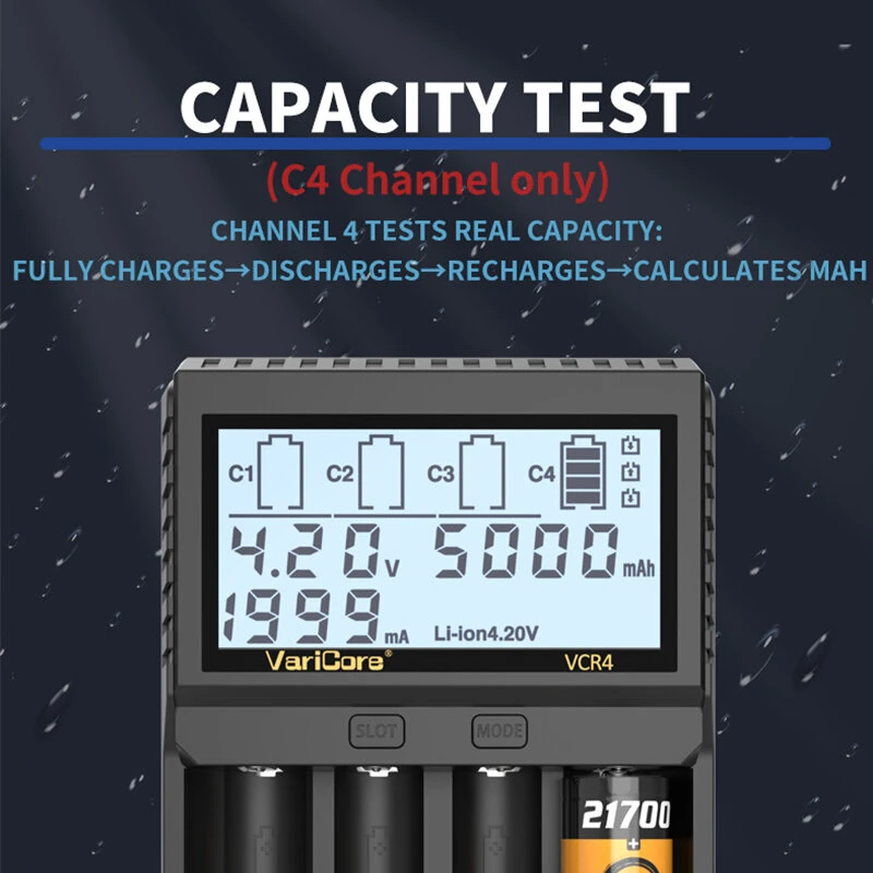 VariCore VCR4 4-Slot Smart Battery Charger for 18650 21700 AA AAA Ni-MH Li-ion LCD Display Capacity Test Adjustable Current — view 4