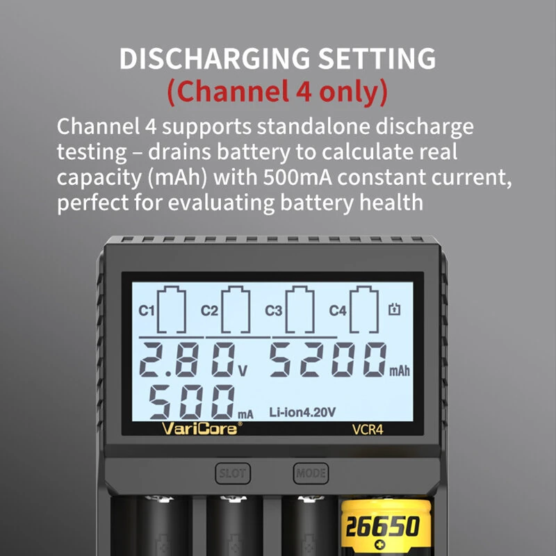 VariCore VCR4 4-Slot Smart Battery Charger for 18650 21700 AA AAA Ni-MH Li-ion LCD Display Capacity Test Adjustable Current — view 5