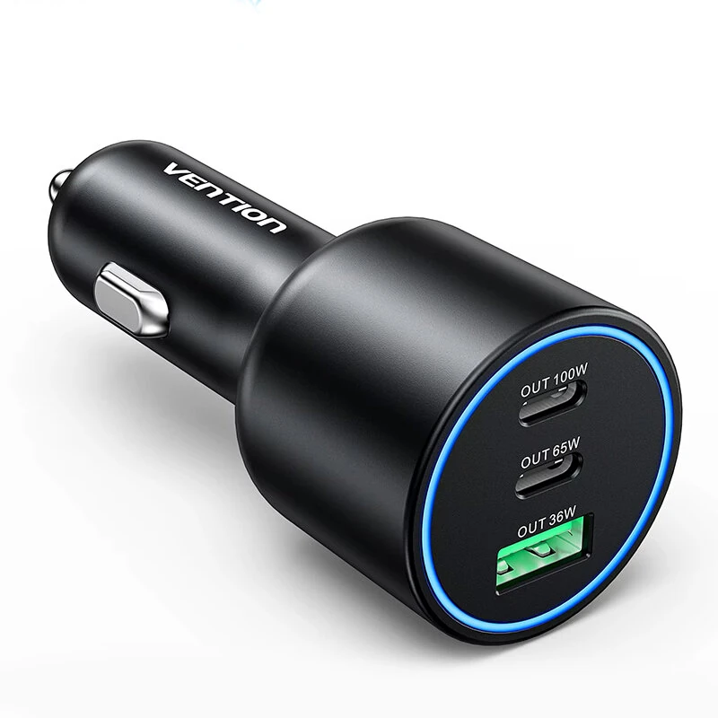 Vention FFP 165W 3-Port USB PD Car Charger Adapter USB-A+2USB-C PD3.0 QC3.0 AFC FCP SCP PPS Apple2.4A Fast Charging with Blue LED for iPhone 17 17 Pro 16 Pro Max 15 14 13 for Xiaomi 17pro for Huawei Mate XTs for OPPO for VIVO — Vention