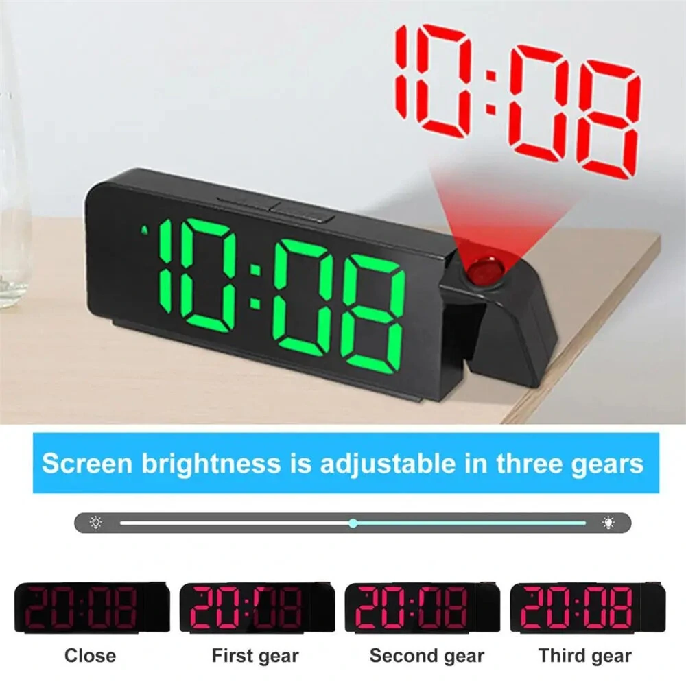 Versatile LED Digital Alarm Clock with 180 Degree Projection Adjustable Brightness /Indoor Temperature Dual Power Source Large Screen 12/24H For Home Office Classroom — view 4