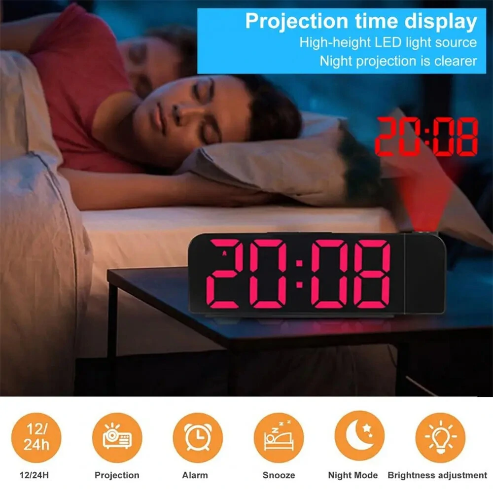 Versatile LED Digital Alarm Clock with 180 Degree Projection Adjustable Brightness /Indoor Temperature Dual Power Source Large Screen 12/24H For Home Office Classroom — view 5