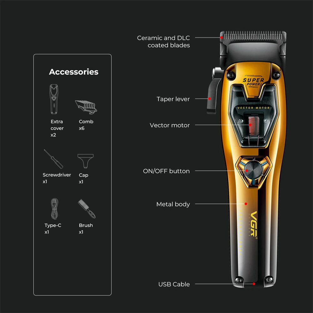 VGR V-668 Hair Clipper 2500mAh Battery Vector Motor 8000-11000RPM Adjustable Taper Lever USB Rechargeable Ceramic DLC Blades for Men — view 4
