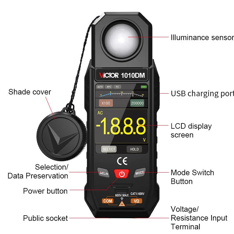VICTOR 1010DM Two-In-One Illuminance Multimeter Light Meter, 0-199999 Lux 0-19999 FC 2.4-Inch Color LCD AC/DC Voltage Resistance Auto Range USB Rechargeable 1000mAh CAT II 600V — view 2