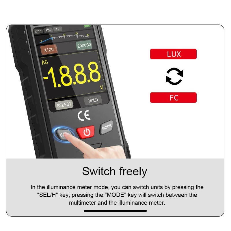 VICTOR 1010DM Two-In-One Illuminance Multimeter Light Meter, 0-199999 Lux 0-19999 FC 2.4-Inch Color LCD AC/DC Voltage Resistance Auto Range USB Rechargeable 1000mAh CAT II 600V — view 4