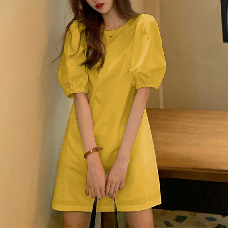 VONDA Womens Casual Round Neck Shirt Dress Puff Sleeve Short Dress A Line Solid Tunic Mini Dresses Plus Size — view 11