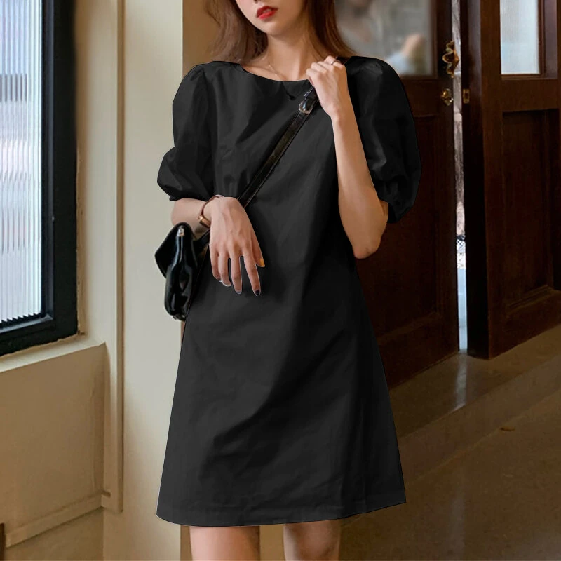 VONDA Womens Casual Round Neck Shirt Dress Puff Sleeve Short Dress A Line Solid Tunic Mini Dresses Plus Size — view 2