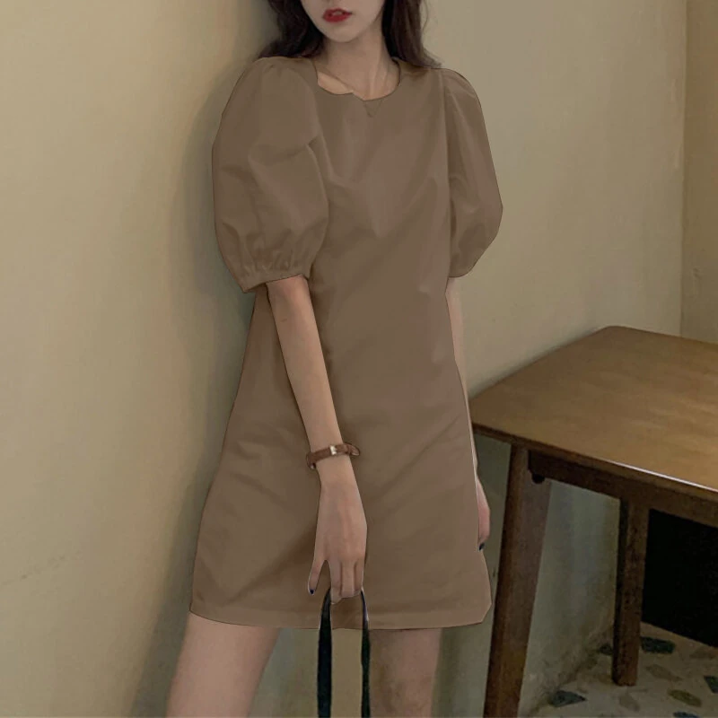 VONDA Womens Casual Round Neck Shirt Dress Puff Sleeve Short Dress A Line Solid Tunic Mini Dresses Plus Size — view 4
