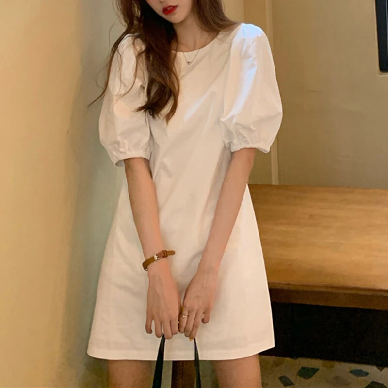 VONDA Womens Casual Round Neck Shirt Dress Puff Sleeve Short Dress A Line Solid Tunic Mini Dresses Plus Size — view 5