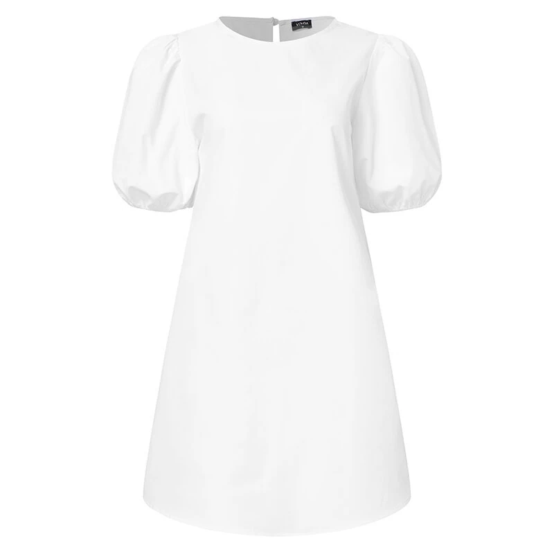 VONDA Womens Casual Round Neck Shirt Dress Puff Sleeve Short Dress A Line Solid Tunic Mini Dresses Plus Size — view 7