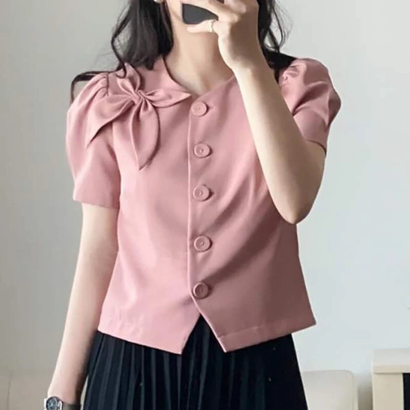 VONDA Womens Elegant Bowknot Decorate Puff Sleeve Blouses Temperament Button Shirts