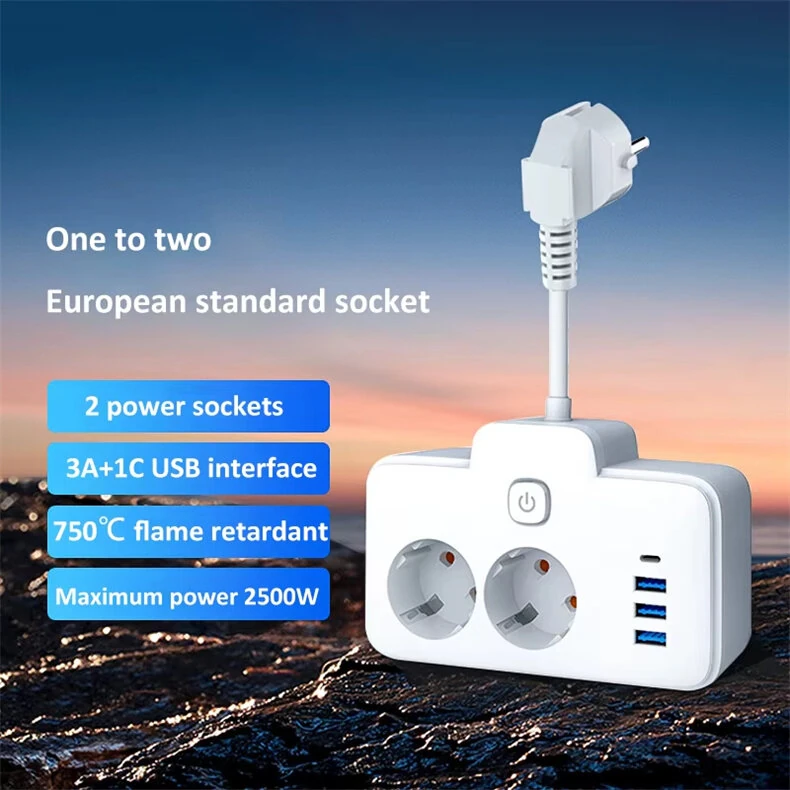 W602U EU Plug Extension Power Strip with 2 Power Sockets+3USB-A+USB-C Fast USB Charging Interface Multi-Outlet Wall Socket with LED Touch Switch for Home and Office — view 2