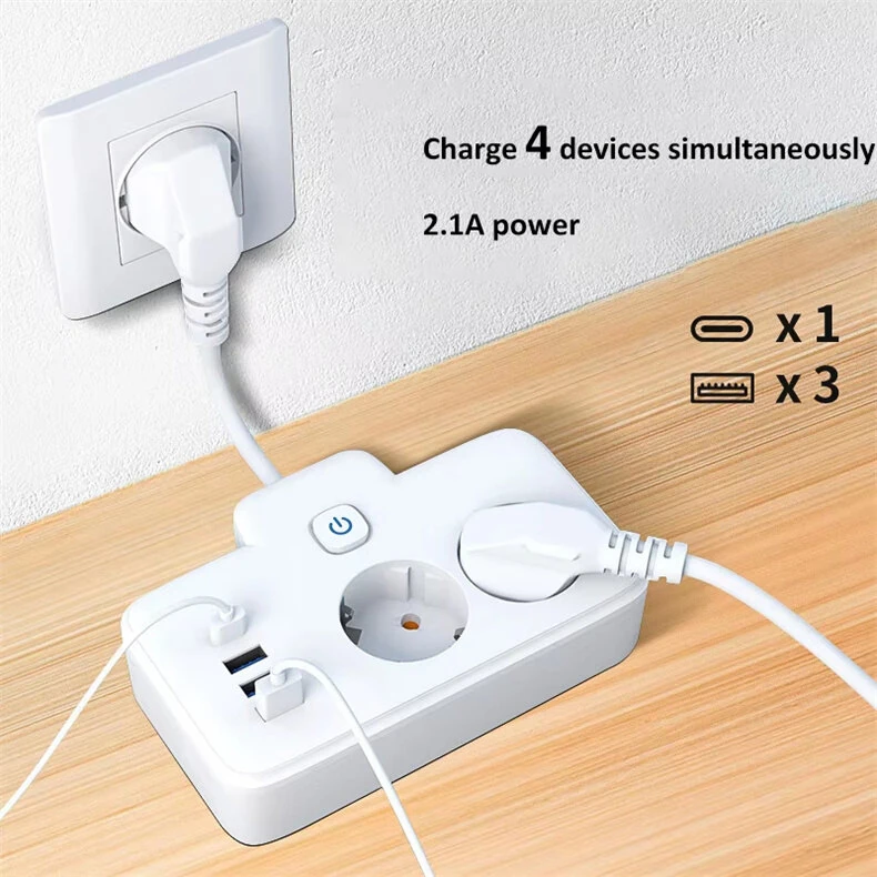 W602U EU Plug Extension Power Strip with 2 Power Sockets+3USB-A+USB-C Fast USB Charging Interface Multi-Outlet Wall Socket with LED Touch Switch for Home and Office — view 3