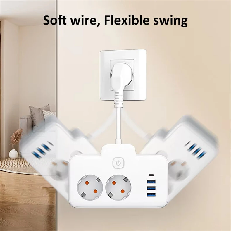 W602U EU Plug Extension Power Strip with 2 Power Sockets+3USB-A+USB-C Fast USB Charging Interface Multi-Outlet Wall Socket with LED Touch Switch for Home and Office — view 4