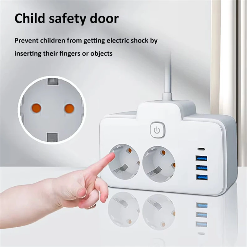 W602U EU Plug Extension Power Strip with 2 Power Sockets+3USB-A+USB-C Fast USB Charging Interface Multi-Outlet Wall Socket with LED Touch Switch for Home and Office — view 5
