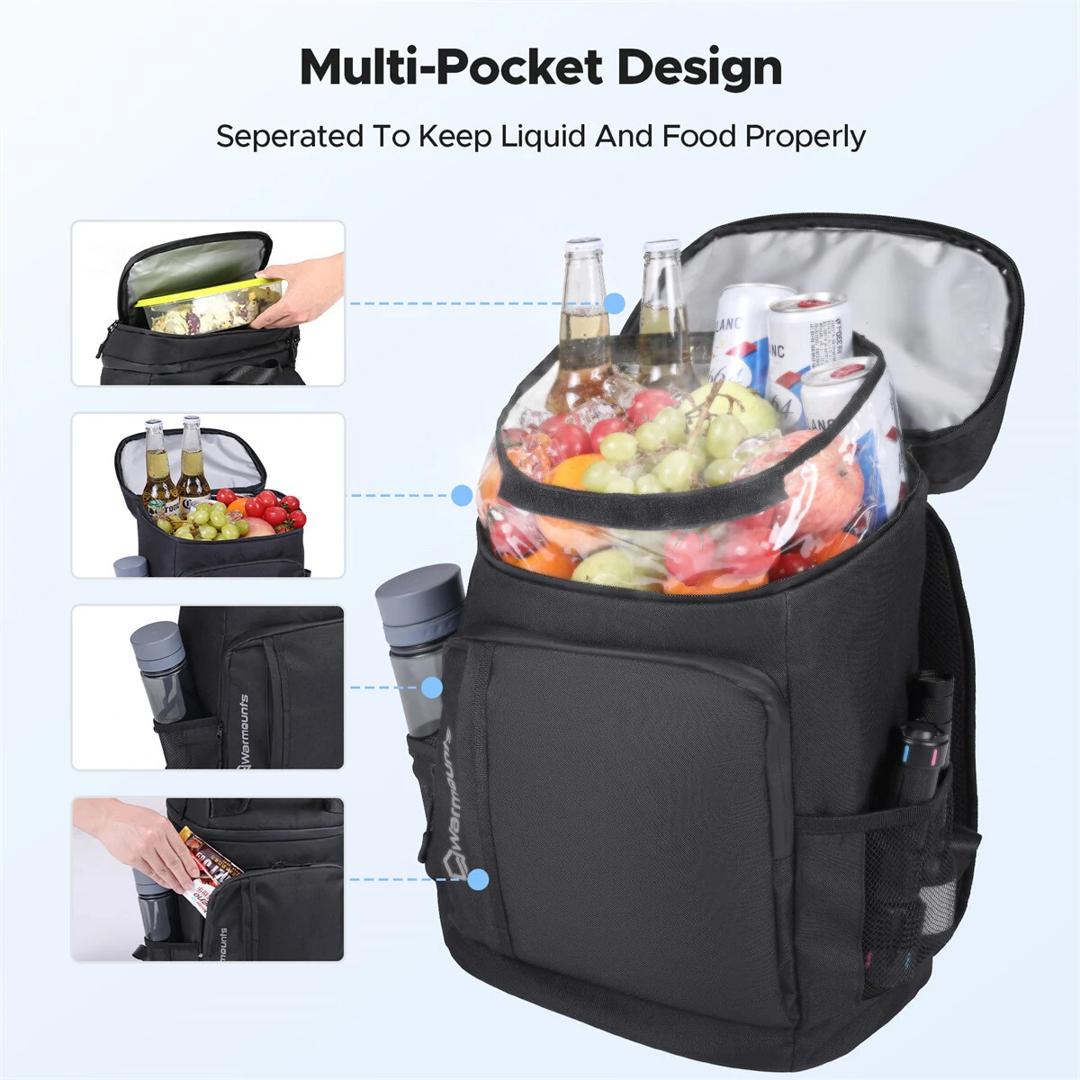 WARMOUNTS Backpack Cooler Insulated 36 Cans w/ Insulating Cover, Upgraded Leakproof Soft Cooler Backpack 2 Compartment for Camping Hiking Picnic Beach — view 8