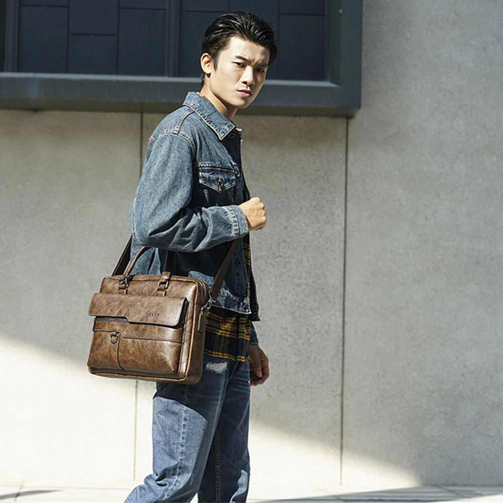 WEIXIER Men's Briefcase Retro Business Casual Laptop Bag Office High Quality PU Leather Handbag Shoulder Messenger Bags — view 4