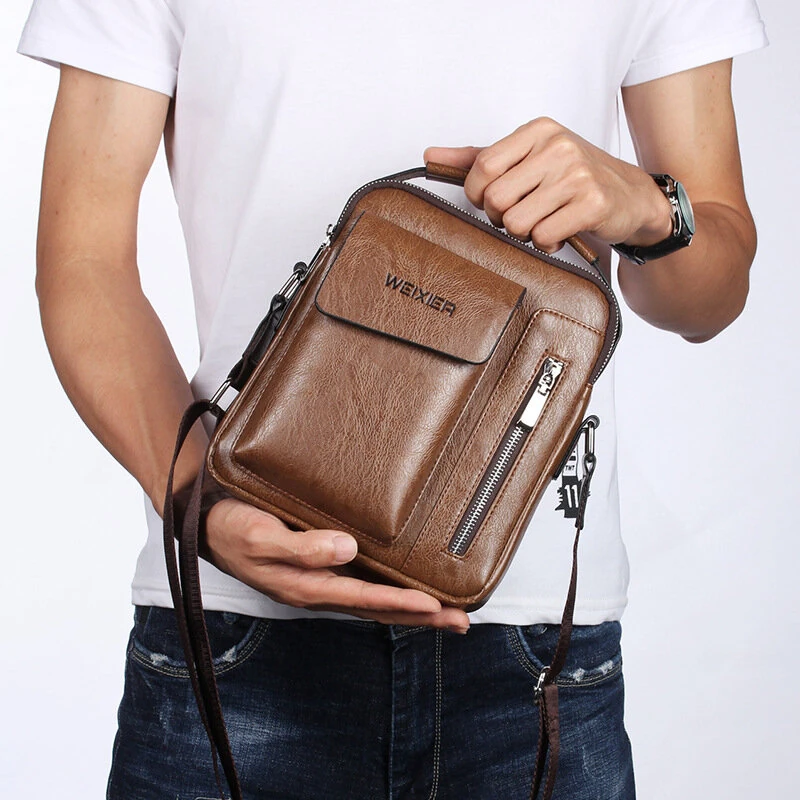 WEIXIER Men's Crossbody Bag PU Leather Hand Bag for Men Messenger Bags Waterproof Backpacks Business Casual Single Shoulder Bag — view 5