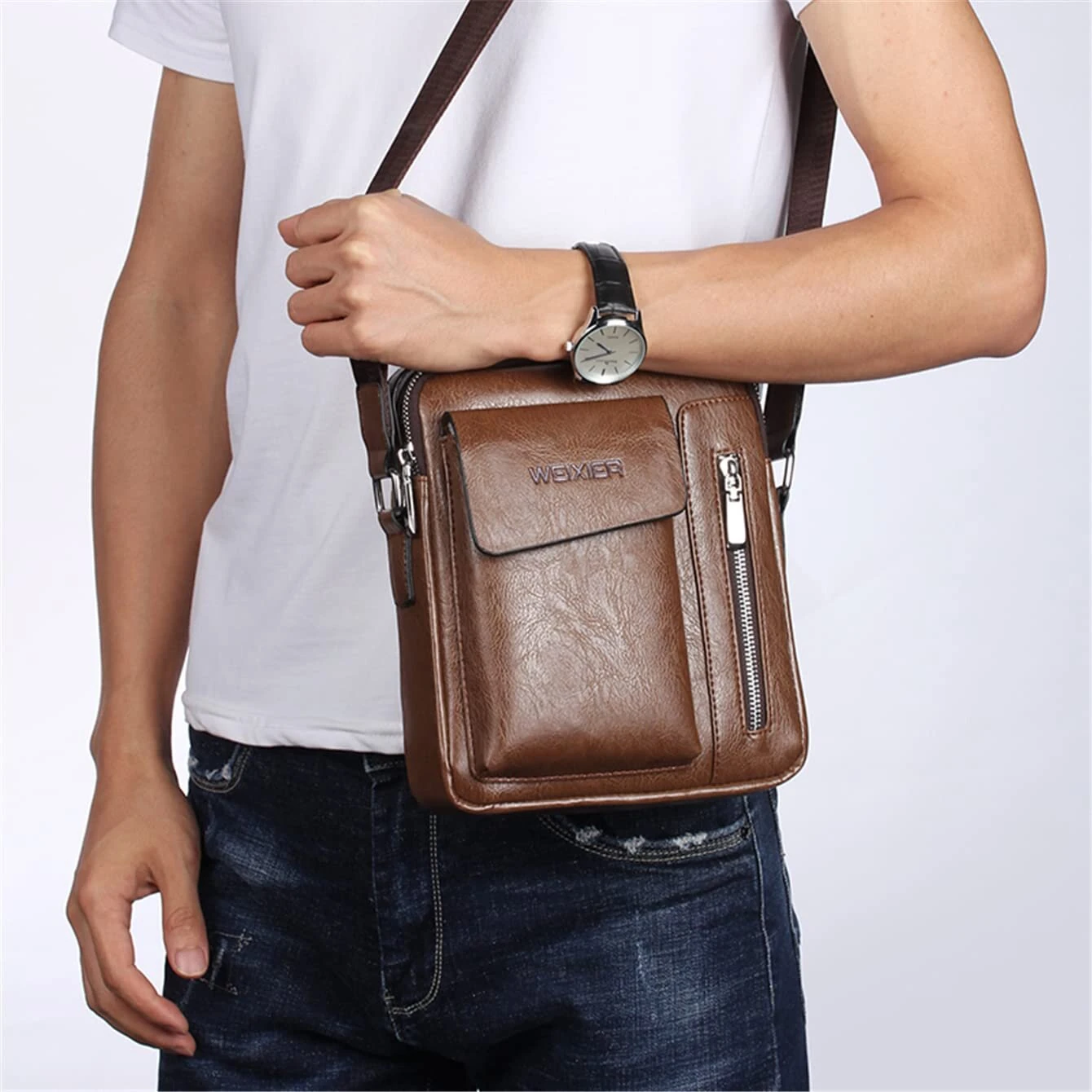WEIXIER Men's Crossbody Bag PU Leather Hand Bag for Men Messenger Bags Waterproof Backpacks Business Casual Single Shoulder Bag — view 6