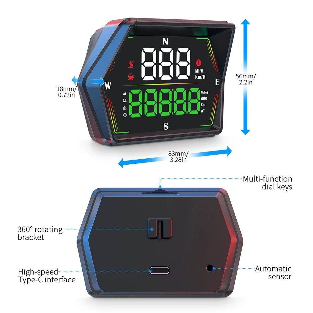 WEIYING G21 Car HUD GPS Head Up Display 360° Rotation Digital Speedometer Large Font Compass Time Overspeed Warning Customized — view 10