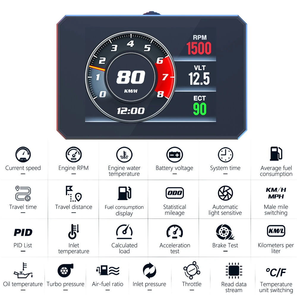 WEIYING P16 OBD2 HUD Head Up Display Digital Car Meter TFT LCD Multi Color Screen Speedometer ECT Water Oil Temperature Car Speed Gauge — view 2
