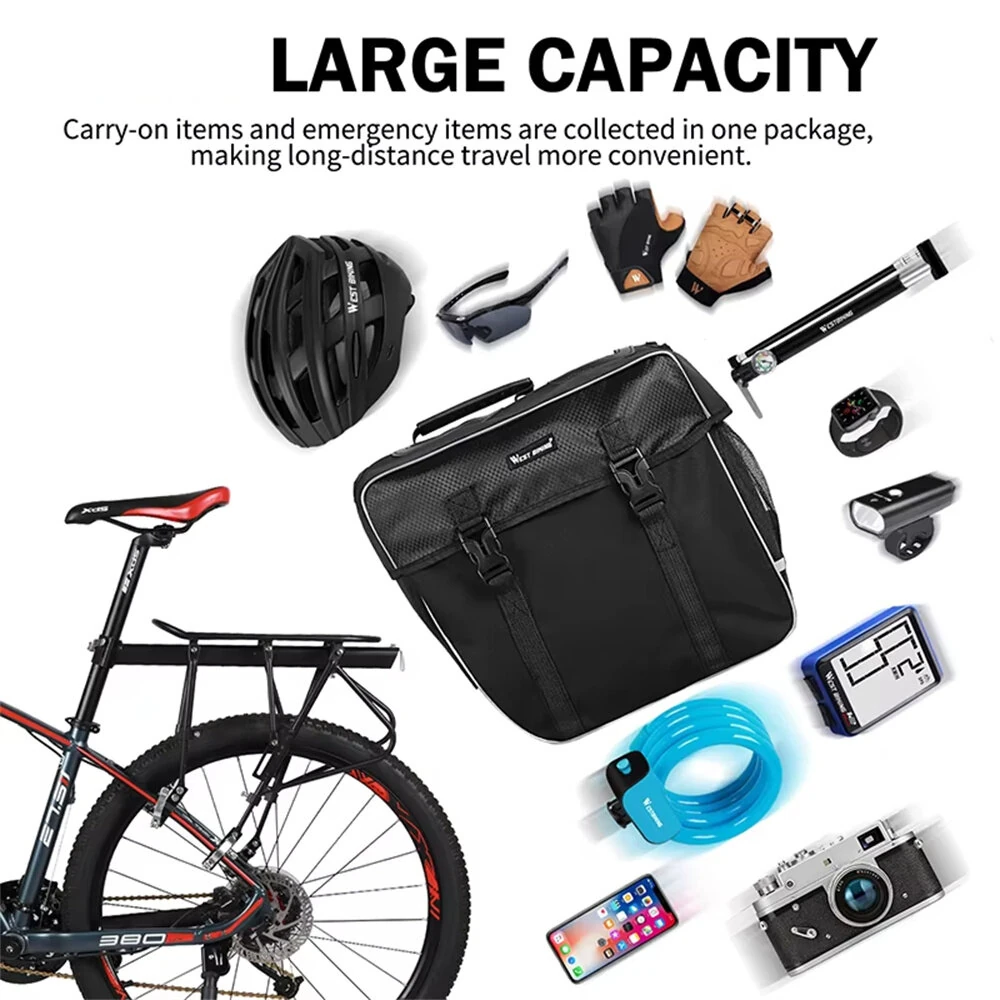 WEST BIKING 30L Bicycle Panniers Bag with Rain Cover Wear-resistant Cycling Travel Saddle Bag Night Reflective Bike Rear Luggage Bag for MTB — view 6