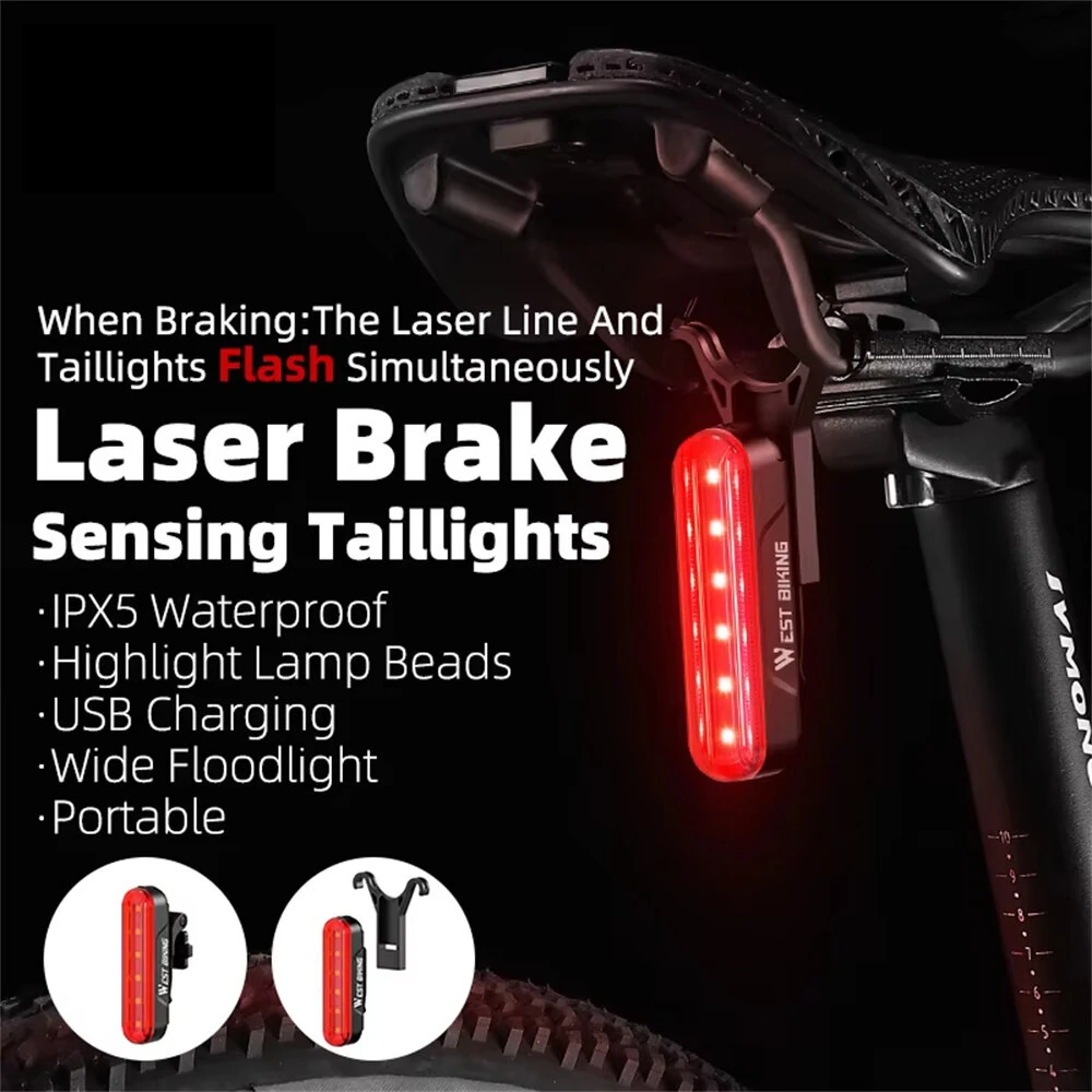WEST BIKING Bicycle Laser Brake Sensing Taillight IPX5 Waterproof 450mAH USB Charging Bike Rear Light for Night Riding Safety — view 2