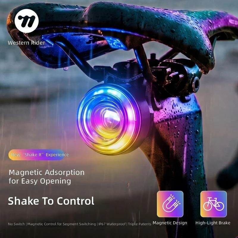 WEST BIKING Bicycle Taillight Magnetic Switch Colorful Smart Brake Taillight Mountain Road Bike Night Riding Warning Light — view 3