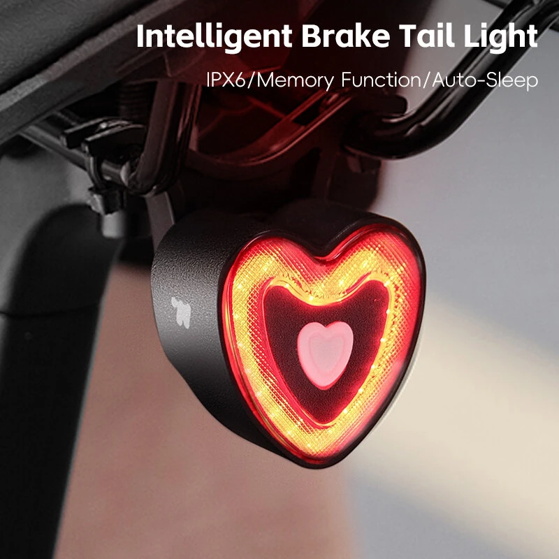 WEST BIKING Heart Bicycle Taillight Brake Sensing Smart Start/Stop Memory Waterproof Bike Rear Light for MTB Night Riding Safety — view 2