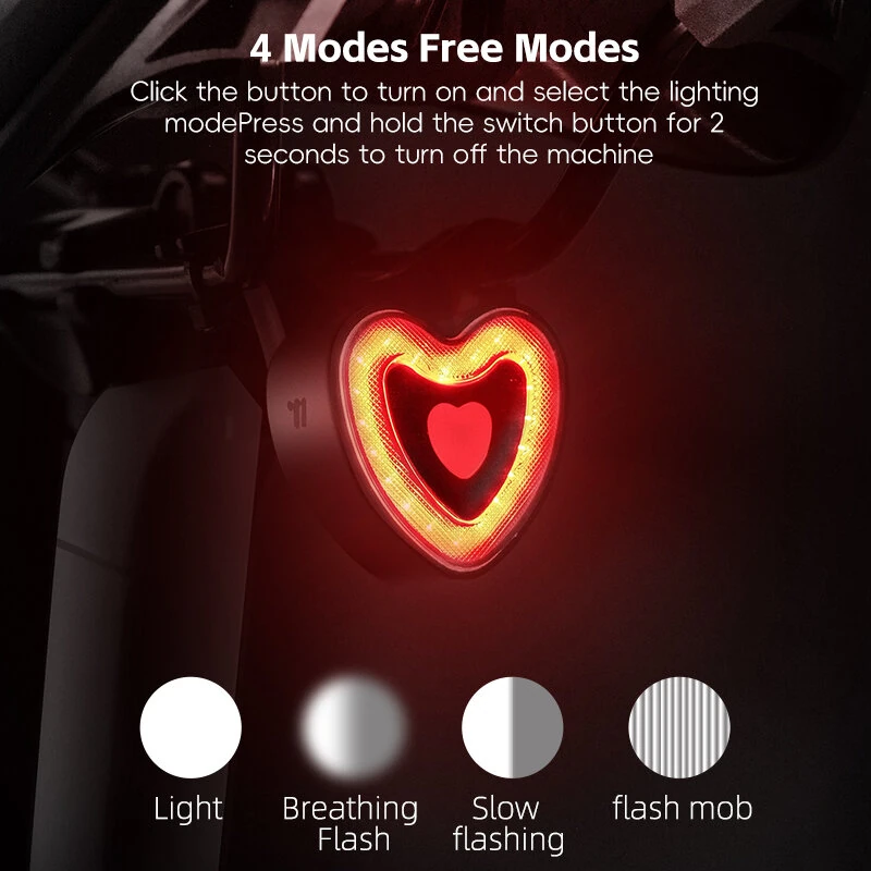 WEST BIKING Heart Bicycle Taillight Brake Sensing Smart Start/Stop Memory Waterproof Bike Rear Light for MTB Night Riding Safety — view 4