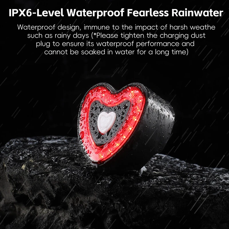 WEST BIKING Heart Bicycle Taillight Brake Sensing Smart Start/Stop Memory Waterproof Bike Rear Light for MTB Night Riding Safety — view 6