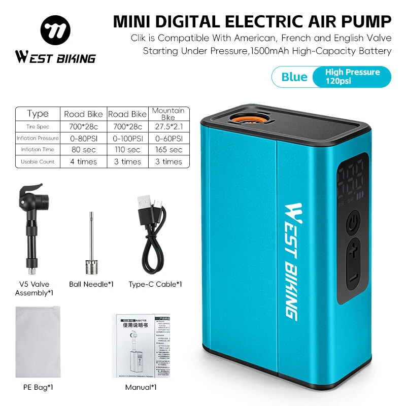 WEST BIKING Mini Electric Bike Pump 4-in-1 Click Valve,  120PSI Portable Air Compressor,  Auto-stop & LED Display, MTB Road Tire Inflation — view 10