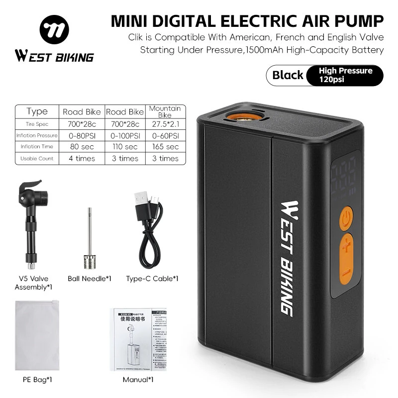 WEST BIKING Mini Electric Bike Pump 4-in-1 Click Valve,  120PSI Portable Air Compressor,  Auto-stop & LED Display, MTB Road Tire Inflation — view 7