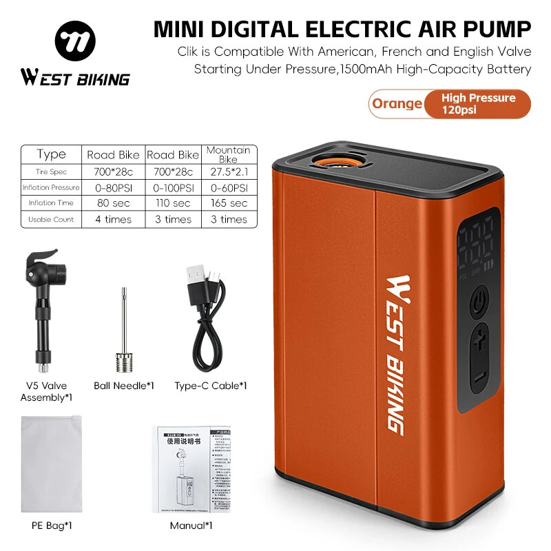 WEST BIKING Mini Electric Bike Pump 4-in-1 Click Valve,  120PSI Portable Air Compressor,  Auto-stop & LED Display, MTB Road Tire Inflation — view 8