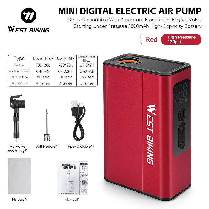 WEST BIKING Mini Electric Bike Pump 4-in-1 Click Valve,  120PSI Portable Air Compressor,  Auto-stop & LED Display, MTB Road Tire Inflation — view 9