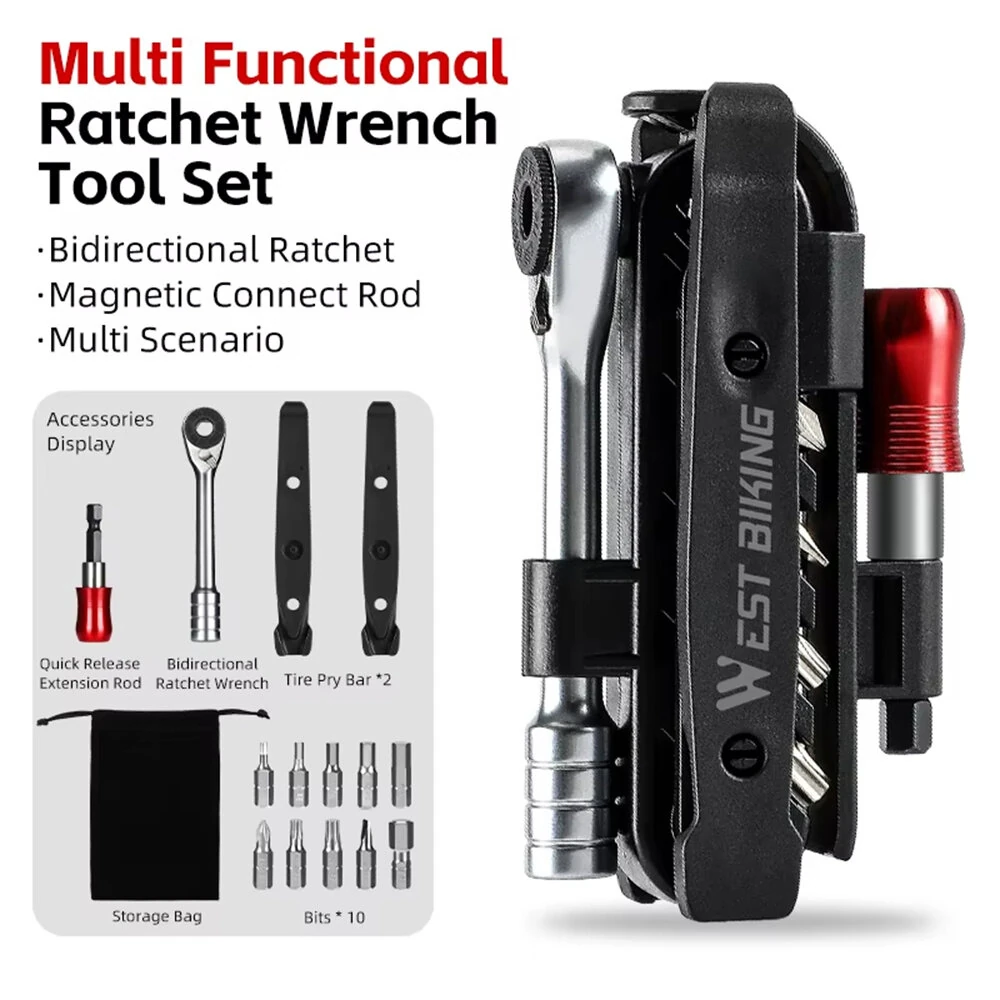 WEST BIKING Multi Functional Bike Repair Tool Portable Lightweight MTB Ratchet Wrench Tire Lever Combination Bicycle Tool Set — view 3